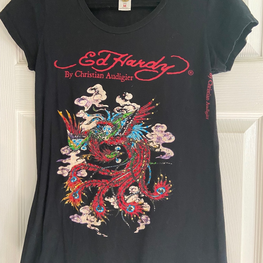 Ed Hardy By Christian Audigier Women's BlackT-Shirt Medium Rhinestone